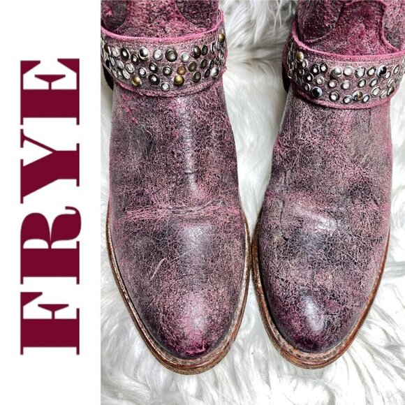 FRYE Deborah Studded Short Cowboy Western Boots Distressed Harness Pink, Size 8 - Picture 5 of 13